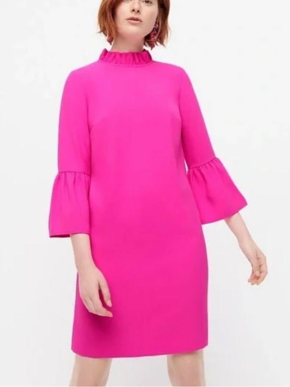 NWT J. Crew Hot Pink Ruffle Neck Shift Dress 365 Crepe